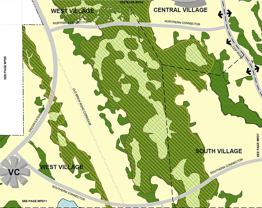 Raydient's conceptual plan shows where connector roads could cross the Old Brick Road. Flagler County commissioners would allow overpasses but do not want at-grade crossings. From Flagler County documents
