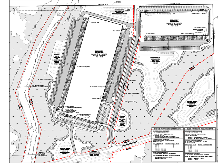 A master site plan for Airport Commerce Center Phase 2 shows two warehouses totaling 821,720 square feet in North Jacksonville.