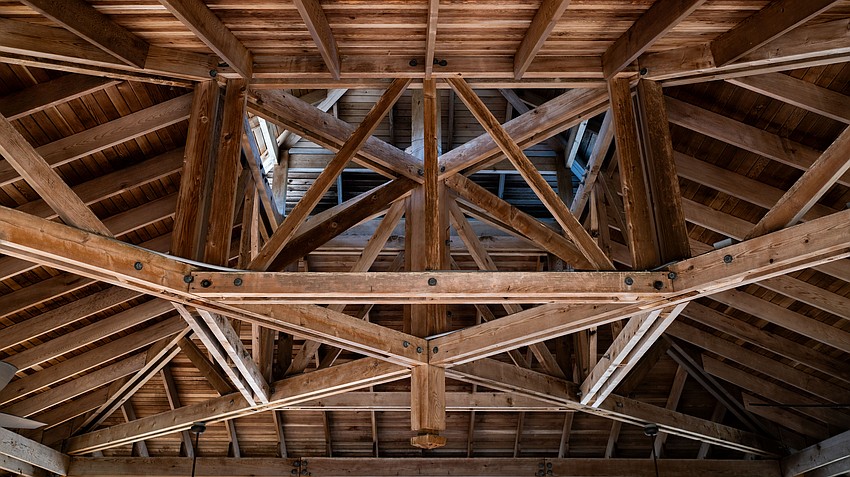 The two-tiered roof of the Joan M. Durante Park pavilion is original to the 90s-built structure that was renovated for $138,000 in 2026.