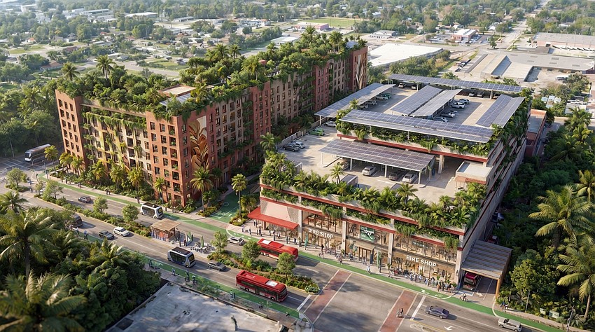 A rendering of a parking garage and multifamily building planned for the Phoenix Arts & Innovation District in North Springfield.