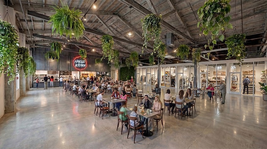 A rendering of the Naked Kitchen restaurant in the Phoenix Arts & Innovation District Liberty Building, a renovated industrial building in North Springfield.