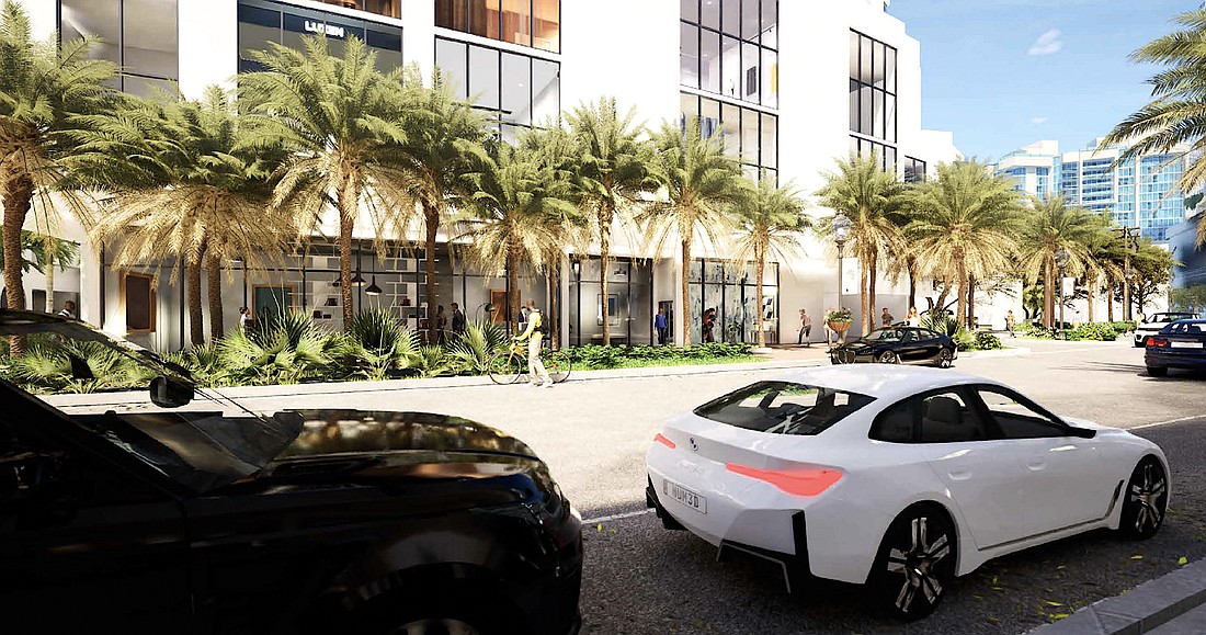 An artistic rendering by Hoyt Architects of the street level of the proposed Obsidian at 126 N. Palm Ave.