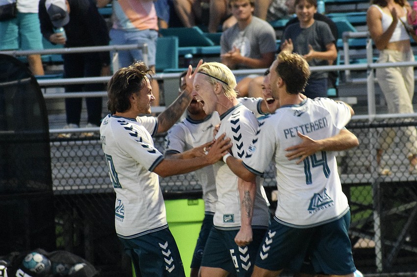 Sander Røed (center) celebrates after scoring a goal in the 64th minute against Corpus Christi FC. He has a team-high two assists and two goals this season, as of April 24.