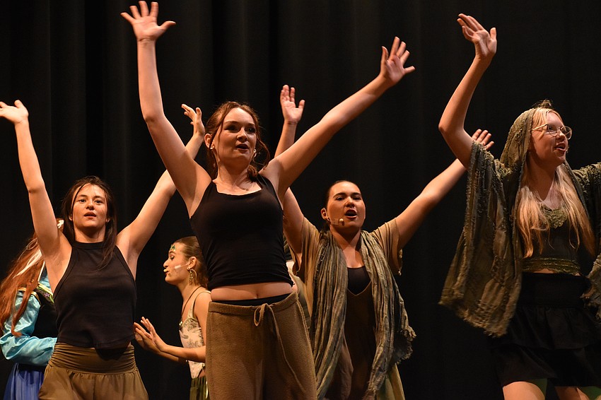 Bianca Fernandez, Izzy Brown, Sofia Ortega and Charlie Davis perform as the ensemble in the Lakewood Ranch High School production of 
