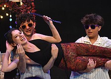 Zachary Papper and Dillon O'Callaghan carry Tatiana Moskalenko, who plays Tanya, as she sings "Does Your Mother Know" in The Out-of-Door Academy production of "Mamma Mia!"