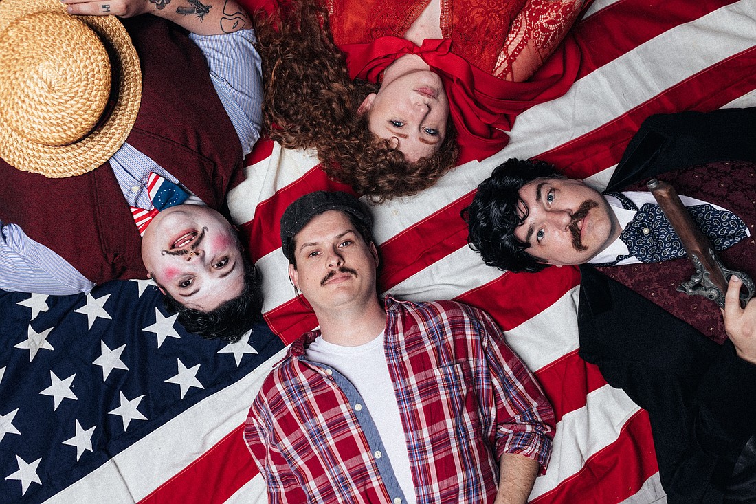 In The Sarasota Players' production of "Assassins," Brian Finnerty (upper left) plays The Proprietor, Caitlin Ellis is Squeaky Fromme, Craig Weiskerger is John Wilkes Booth and Jason Ellis is the Balladeer.