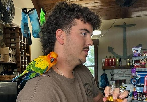 James Kleiner, who is working at Jiggs Landing for his grandmother, concession owner Denise Kleiner, made fast friends with Shiloh, the lost pet parrot.