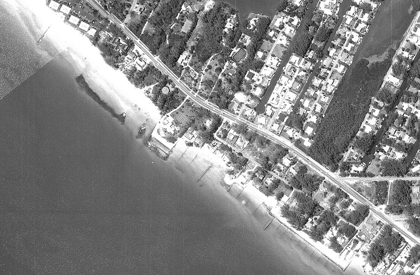 Attempts by residents to engineer against erosion become more clear in 1984 aerial imagery of Longboat Key’s Gulfside Road shoreline.
