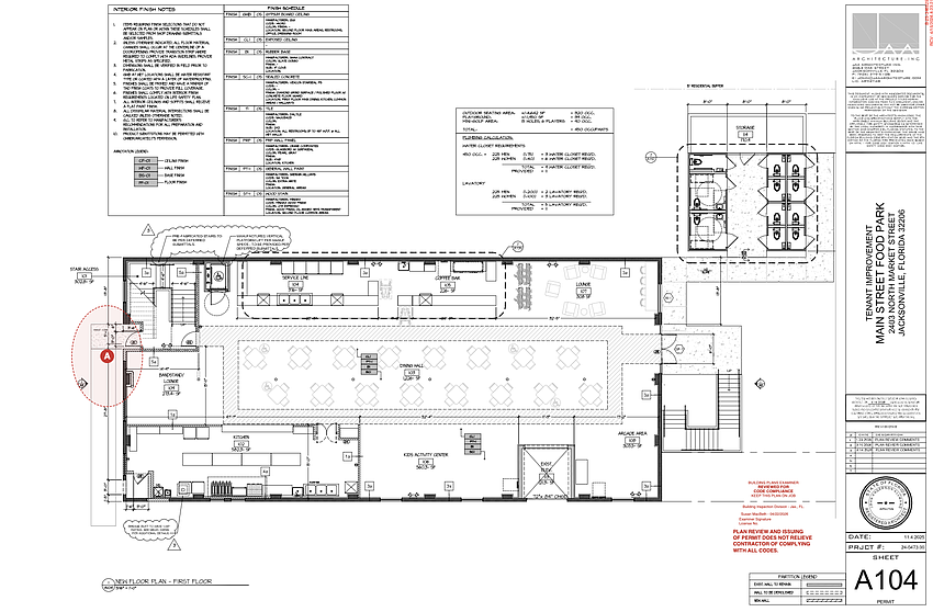 The floor plan for the Main Street Food Park building shows the designs for the bar, coffee, food and dessert bars, and indoor children’s recreation area, and more.