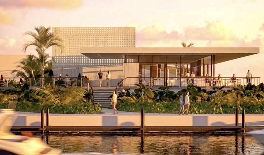 An artist rendering of the first restaurant planned for The Bay park at the location of the former U.S. Coast Guard station.