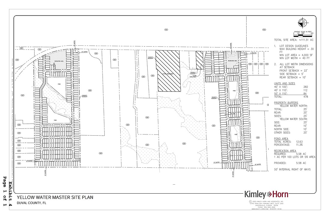 A rezoning request before Jacksonville City Council would apply to two separate developments on Yellow Water Road, denoted as Yellow Water North and Yellow Water South in a site plan and separated by several properties zoned for agricultural use.