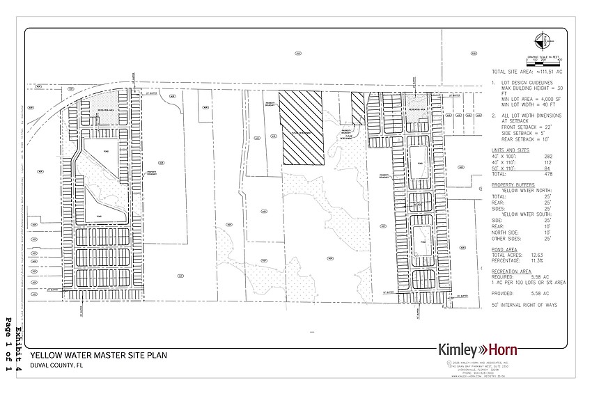 A rezoning request before Jacksonville City Council would apply to two separate developments on Yellow Water Road, denoted as Yellow Water North and Yellow Water South in a site plan and separated by several properties zoned for agricultural use. A rezoning request before Jacksonville City Council would apply to two separate developments on Yellow Water Road, denoted as Yellow Water North and Yellow Water South in a site plan and separated by several properties zoned for agricultural use.