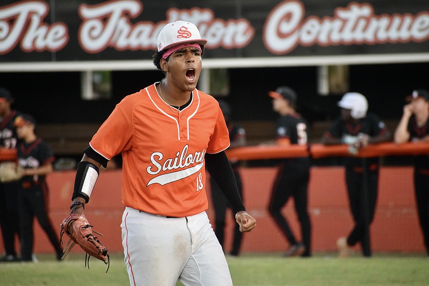 Hamlet Perez roars after a strikeout. The senior left-hander surrendered five hits but struck out seven batters in six innings pitched April 24.