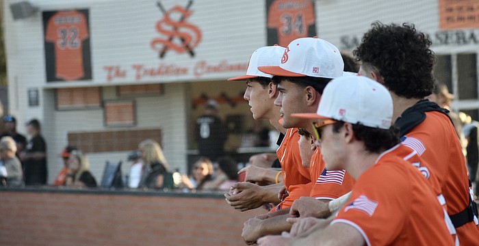 Sarasota baseball players watch from their dugout during the FHSAA Class 7A-Region 2 quarterfinal April 24 against Plant City. Despite holding the No. 2 seed, the Sailors went one-and-done in the regional tournament.