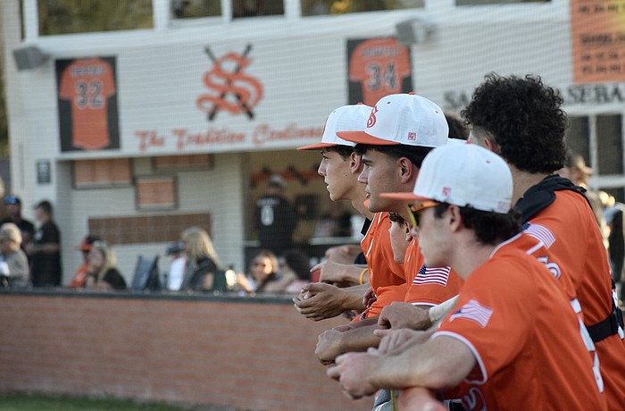 Sarasota baseball players watch from their dugout during the FHSAA Class 7A-Region 2 quarterfinal April 24 against Plant City. Despite holding the No. 2 seed, the Sailors went one-and-done in the regional tournament.