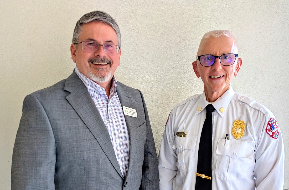 Flagler County Commissioner Andy Dance and Flagler County Fire Rescue Chief Michael Tucker shared how two Fire Leadership Academy graduates, now with Fire Rescue, recently helped save a life. Photo by Brent Woronoff