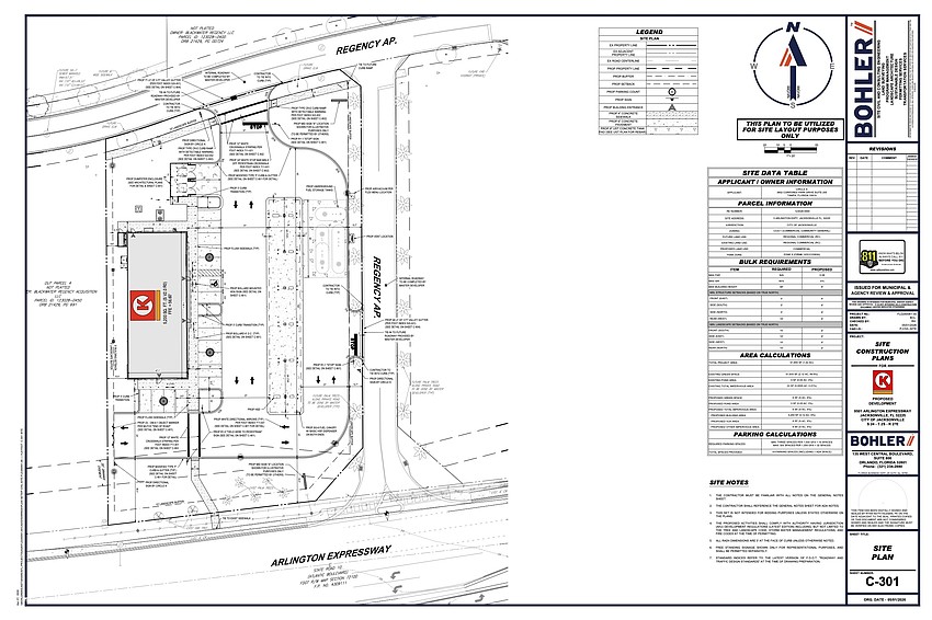 A site plan filed with city utility JEA shows Circle K along the Arlington Expressway within The Nexus at Regency redevelopment.