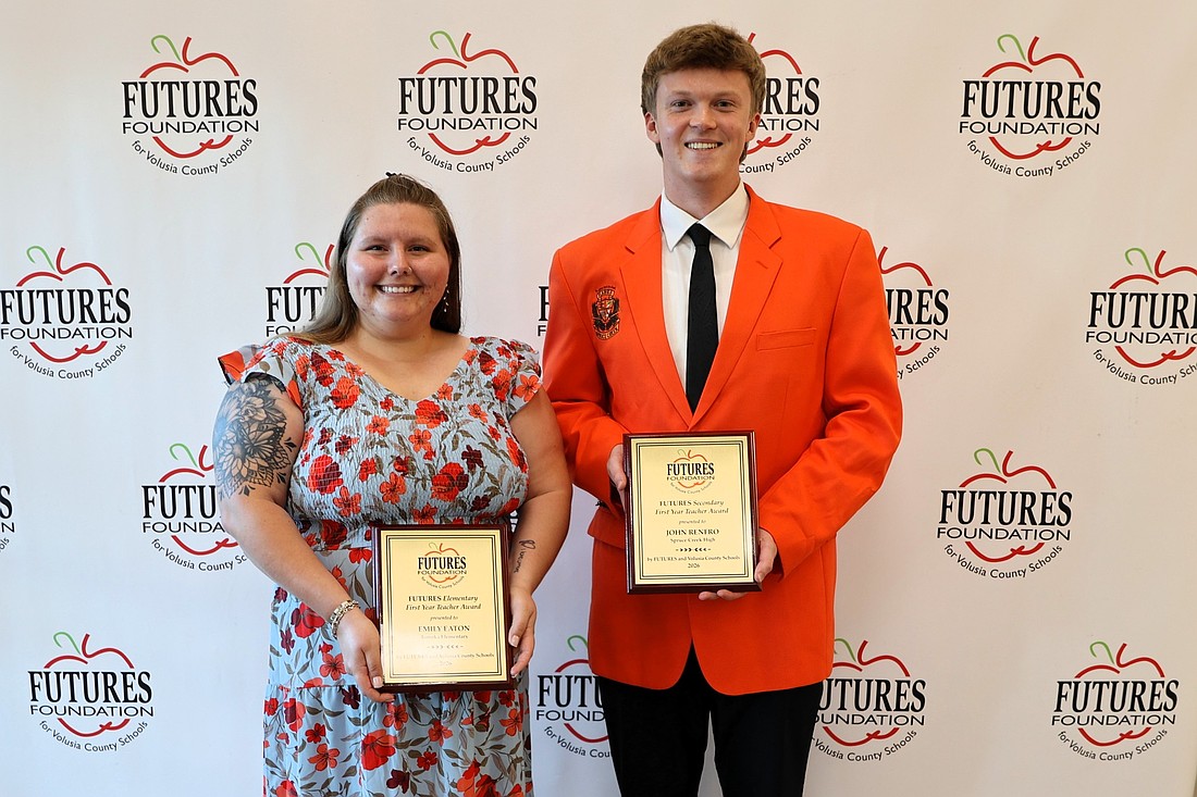 Elementary First Year Teacher Award winner Emily Eaton, of Tomoka Elementary, and Secondary First Year Teacher Award went to John Renfro, of Spruce Creek High School. Photo courtesy of Volusia County Schools/Facebook