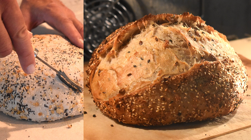 David Wiegand, group leader of the Sourdough Society of Lakewood Ranch, makes a loaf of sourdough with sunflower seeds, pumpkin seeds, flaxseed and everything bagel seasoning.