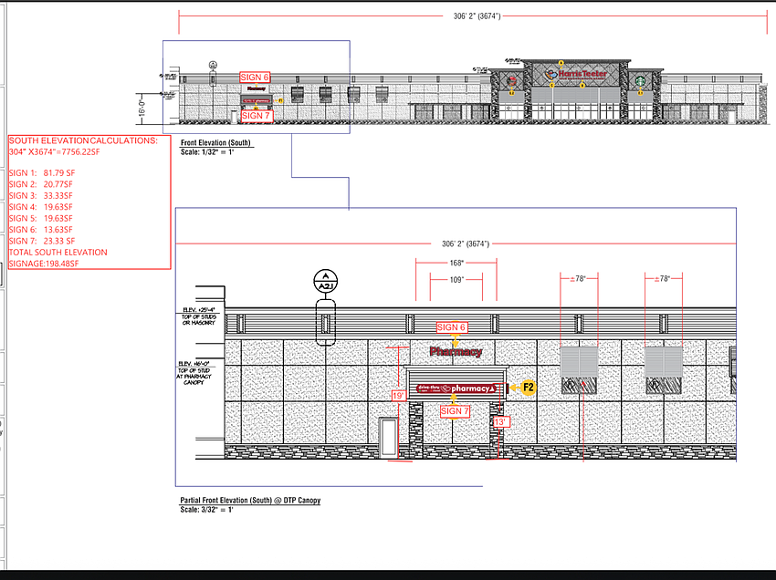 Harris Teeter intends to put up signs for its name and logo as well as “Your Neighborhood Market,” “The Flower Shop,” “Starbucks” and its pharmacy and drive-thru at its store in East Arlington.