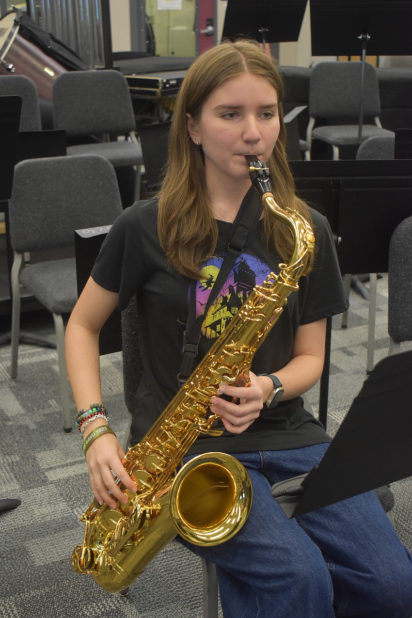 Norah Hoyt, a sophomore at Lakewood Ranch, has learned to play tenor saxophone and has gained confidence in the process.