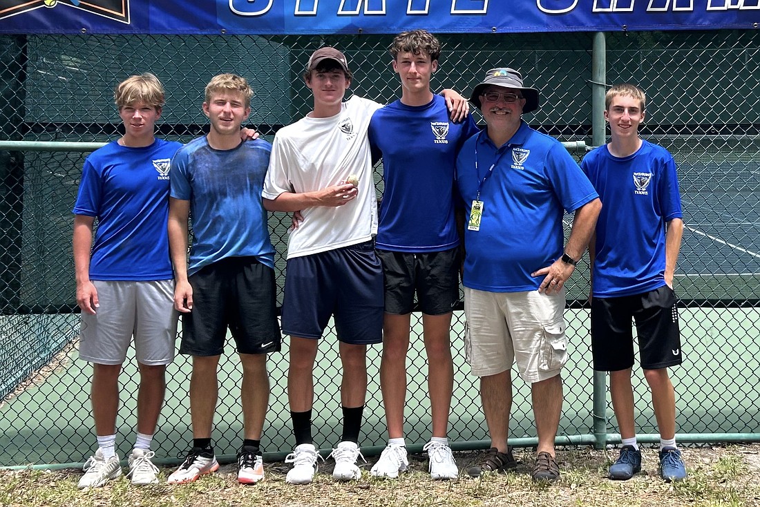 Matanzas boys tennis team on the second day of the Class 3A state championships: Stanislav Valenteychik, Adam Stochel Polubiec, Daniel Patsula, Owen Brady, coach Jens Oliva and Tyler Lemmon (Not pictured: Alex Engblom and Daniel Faraj). Courtesy photo