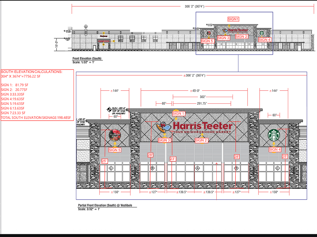 The city is reviewing permits for eight signs at the Harris Teeter under construction in the Atlantic North shopping center at 11901 Atlantic Blvd. at northwest Atlantic and Kernan boulevards in East Arlington.