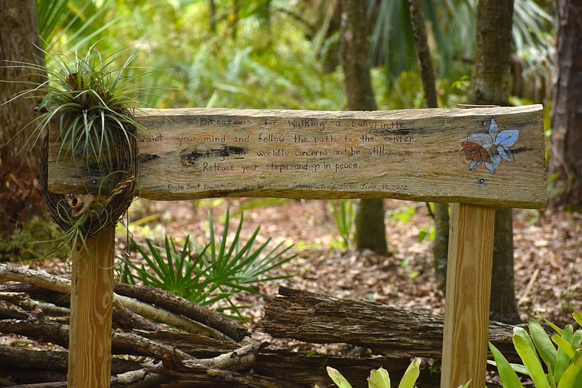 As part of Carissa Smentowski's Eagle Scout project in 2022, she created a sign that provides directions on how to properly utilize the labyrinth on the Peaceful Path.