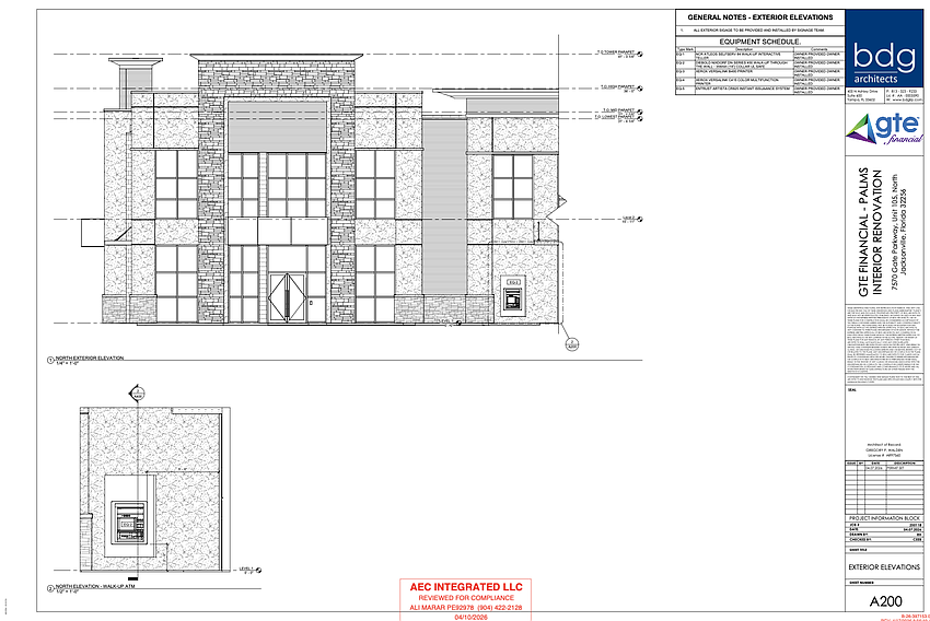 A GTE Financial office is in review for a Jacksonville office build-out in The Palms at Gate Parkway in South Jacksonville. It will include a walk-up ATM.