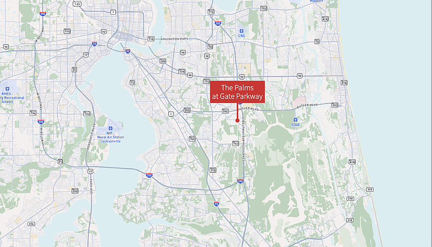 The Palms at Gate Parkway is in South Jacksonville along Gate Parkway, west of Interstate 295 and south of Butler Boulevard.