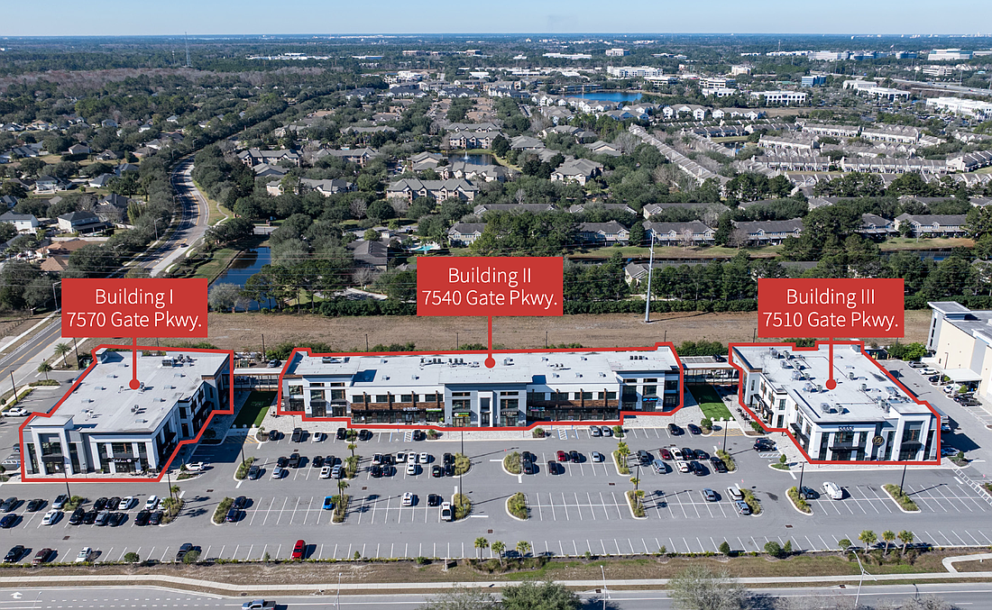 A flyer by commercial real estate firm JLL shows the three buildings at The Palms at Gate Parkway. GTE Financial wants to build out in Unit 105 in 7570 Gate Parkway, the building at left. JLL is representing landlord Ash Properties on leasing the office space on the second floor.