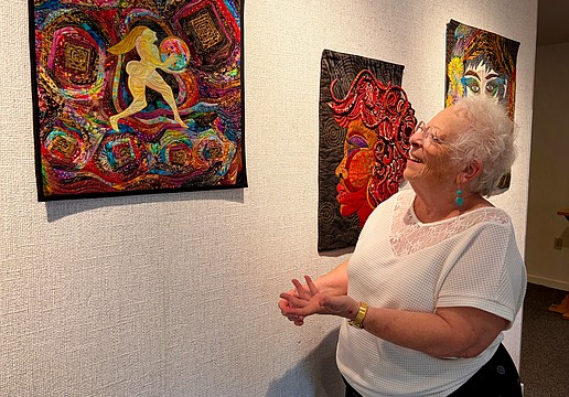 Multimedia artist Peg Green explains how stories of creation inspired this particular quilt. A collection of her works centered on ancient goddesses and muses is now on display at All Angels Episcopal Church.