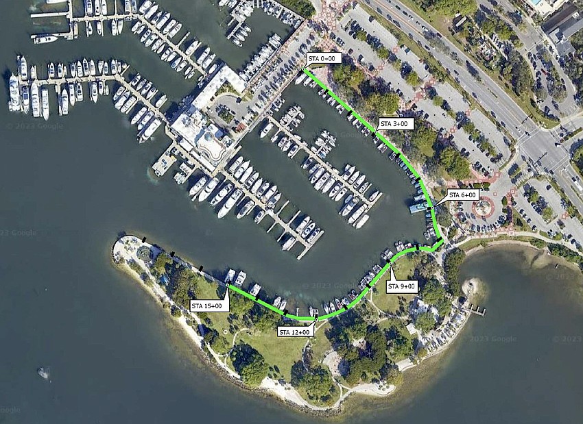 The scope of the seawall replacement project at Bayfront Park is highlighted in green.