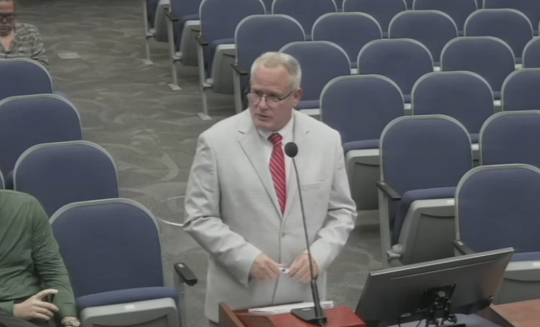 Bradley Arnold, Sumter County administrator and consultant on Flagler County’s administrator search, speaks during a May 4 County Commission workshop. Screenshot.