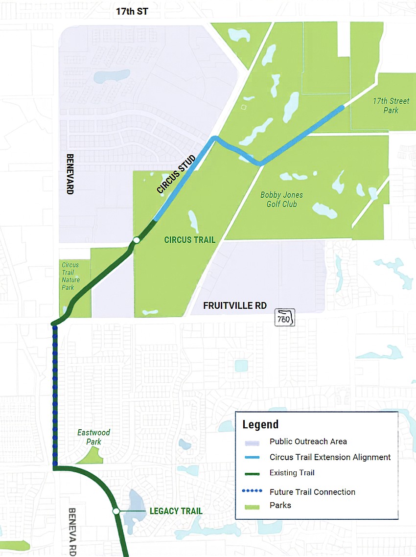 The project scope of Circus Trail would keep the entire trail to the east side of Circus Boulevard.