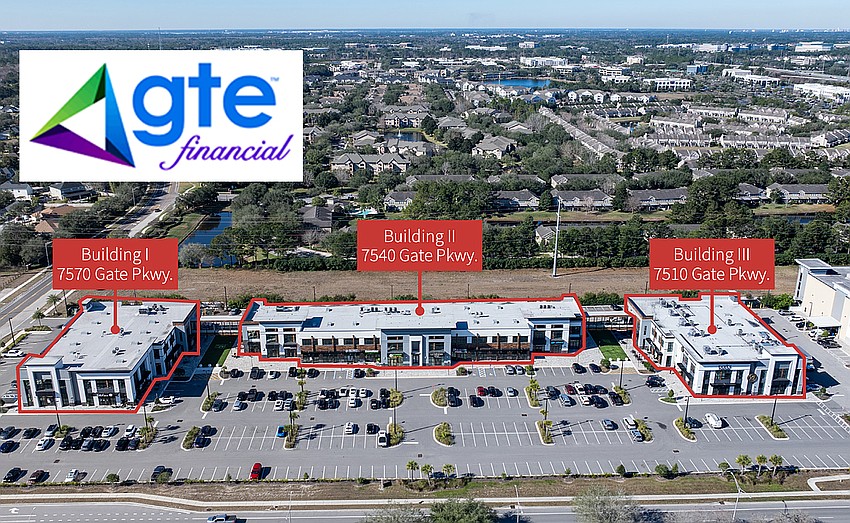 A flyer by commercial real estate firm JLL shows the three buildings at The Palms at Gate Parkway. GTE Financial wants to build out in Unit 105 in 7570 Gate Parkway, the building at left. JLL is representing landlord Ash Properties on leasing the office space on the second floor.