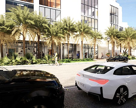 A rendering of the street level of 1260 North Palm Residences.