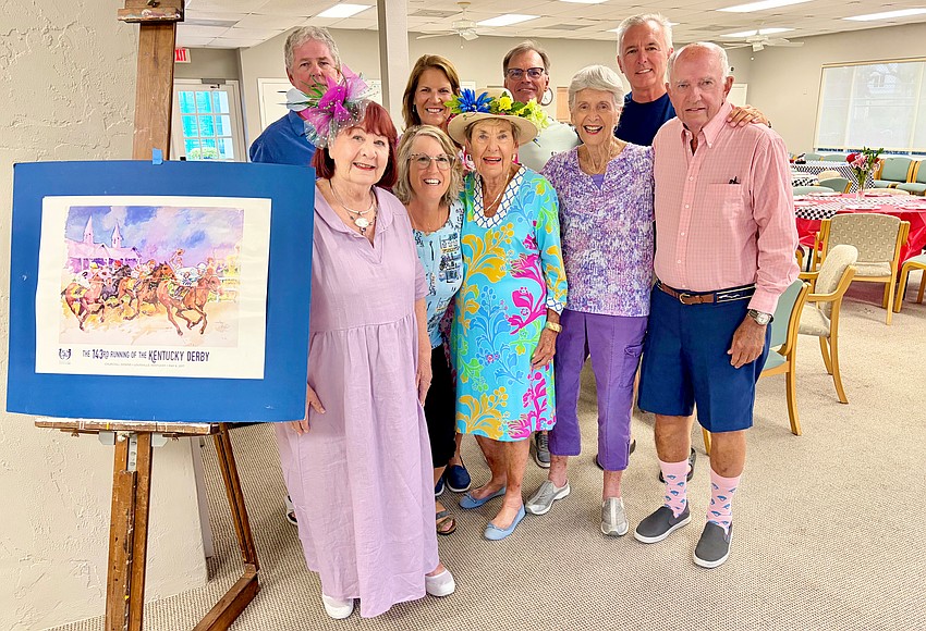 Kentucky Derby fans joined in the Windward Bay watch party on May 2. Pictured, Marjorie Davis, Kevin and Maura Brennan, Michelle Morley, Dianne Schultz, Steve Morley, Bobbi Steiner, John Katko and Don Schultz.