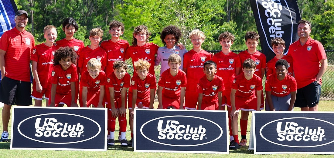 The Ormond Beach Soccer 2013 Boys Red team has qualified to compete in the NPL national finals July 8-14 in Denver. Top row (from left): Coach Thomas Chameraud, Gatlin Brodick, Kai Cheng, Lucas Caputo, Cooper Erickson, William Johnston, Kenan Davis, Corbin McNitt, Jackson Shorter, Isaac Wittnebert, Jack Cianciatto and coach Dylan Reed. Front Row: Kason Davis, Cooper Rowley, Reagan Williams, Kellan Velez, Finn McNitt, Ivan Cruz, Maxwell Bosang and Enzo Denard. Courtesy photo