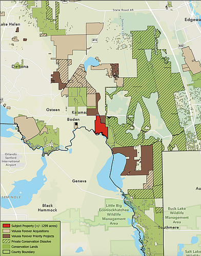 The River Bend Ranch property (highlighted in red) is directly adjacent to existing conservation lands. Map courtesy of Volusia County