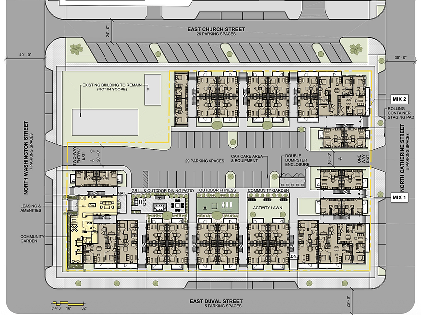 Plans show parking in the interior of the Cathedral Commons apartments at 527 E. Duval St., along with such amenities as a community grill and dining area, outdoor fitness facility and community garden.