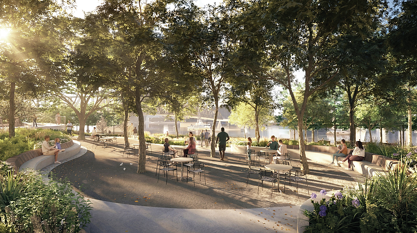 Renderings of the second phase of Riverfront Plaza show tiered “civic steps,” gardens, a structure with a dining area and outdoor cafe-style seating.