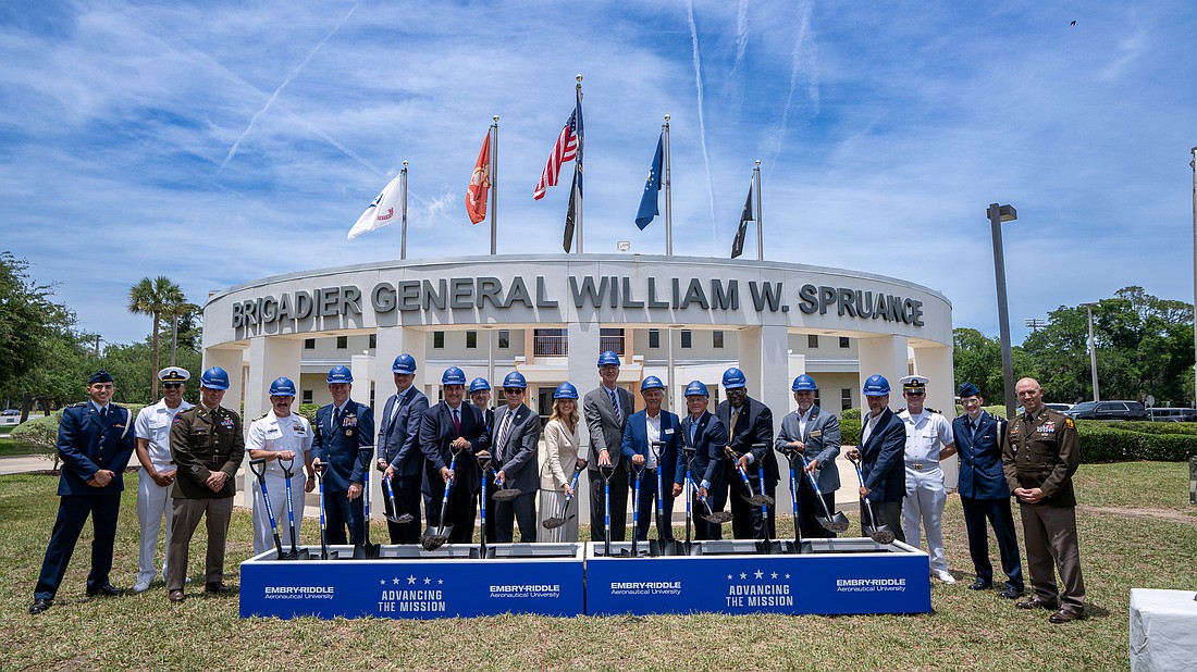 Military leaders, government representatives and university officials gathered for the groundbreaking of Embry-Riddle Aeronautical University's new ROTC complex on May 6. Photo courtesy of Embry-Riddle/David Massey