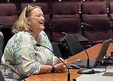 Karie Friling makes brief comments to the Sarasota City Commission during her visit to the May 4 commission meeting.