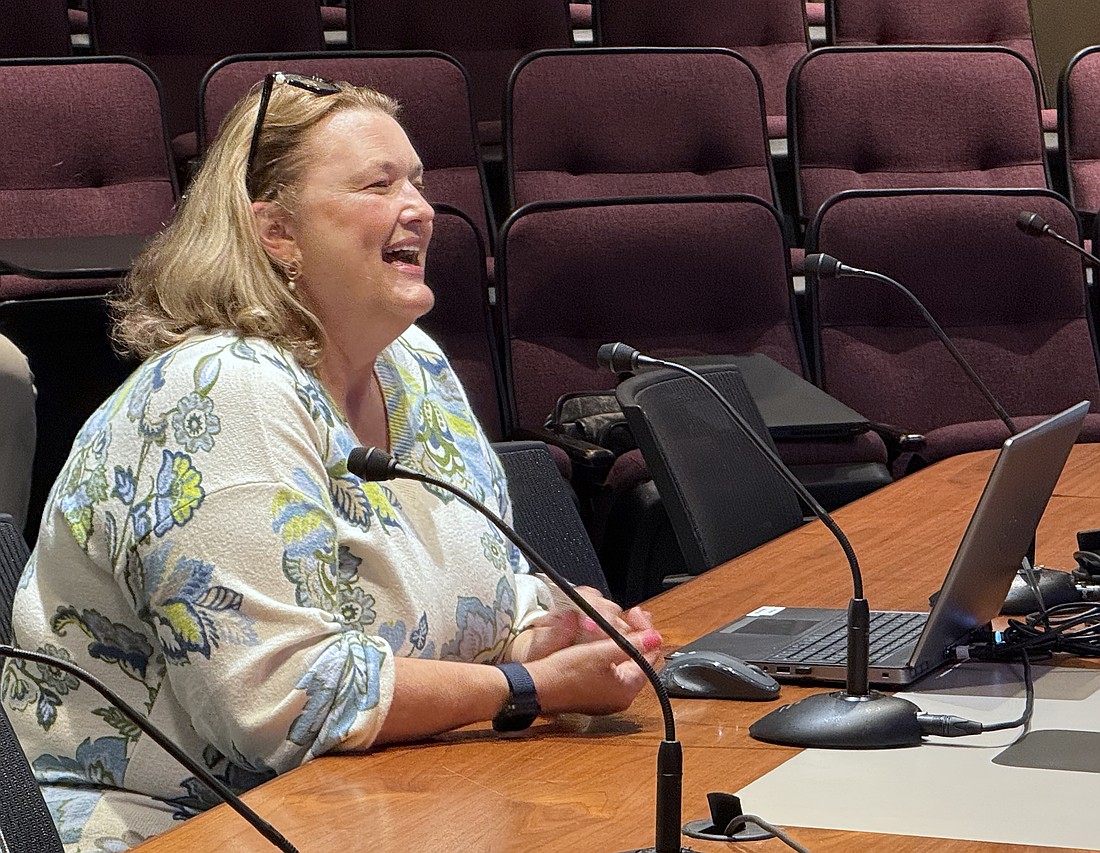 Karie Friling makes brief comments to the Sarasota City Commission during her visit to the May 4 commission meeting.
