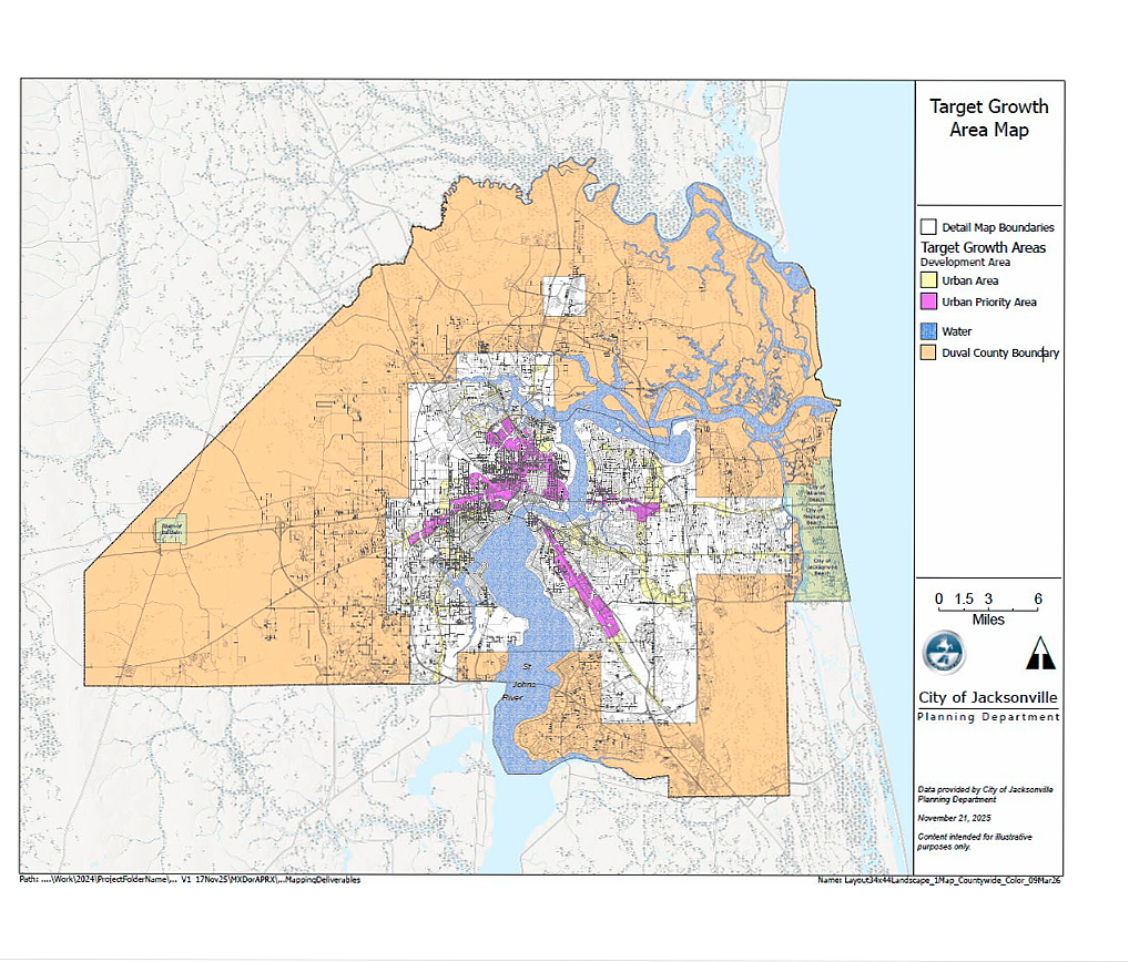 A map showing the target growth areas that would be created in the city’s urban priority and urban development areas determined by the city’s Office of Resilience to be in lower flood risk areas.