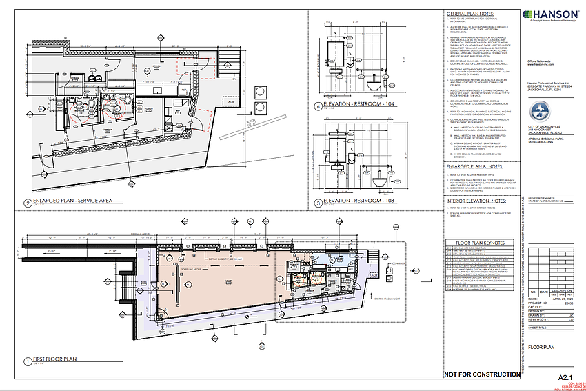 Civil plans prepared by Hanson Professional Services Inc. for the city Parks, Recreation and Community Services Department show a museum at J.P. Small Park, which includes gallery space with a kitchenette and a storage/mechanical area.