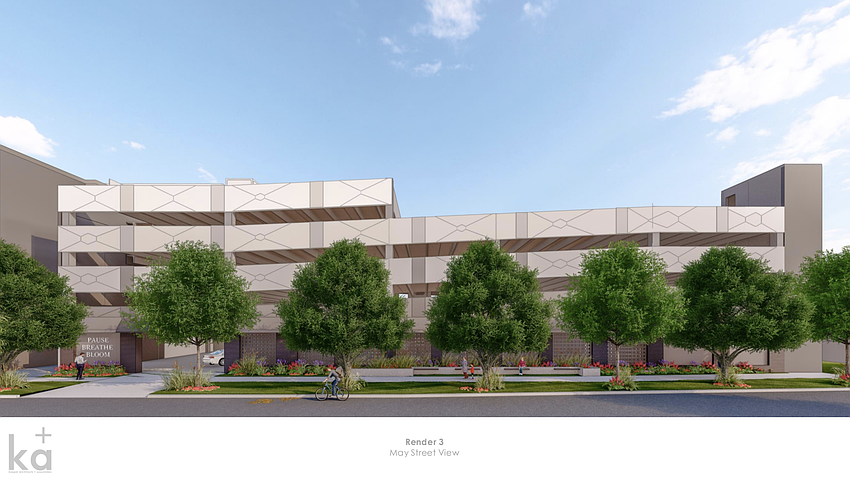 Corner Lot's proposed garage would sit at the south end of the property and include a mural wall, seating and integrated planting.