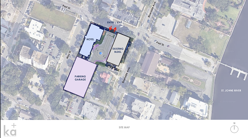 Renderings presented to the Jacksonville Historic Preservation Commission show plans for Corner Lot’s proposed hotel and garage development on its Riverside property.