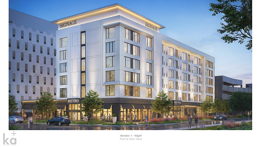 Corner Lot's planned six-story hotel, depicted with a ground-floor bistro, would sit along Post Street. The Daily Record reported in July 2025 that the hotel would be a Marriott or Hilton.